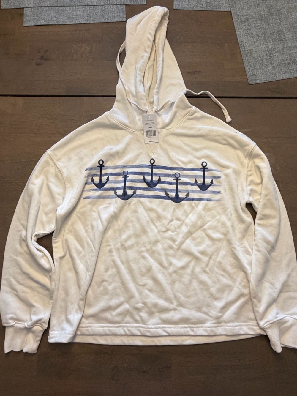 Mia & Tess Hoodie Small Ivory Anchor Graphic Pullover Sweatshirt NWT